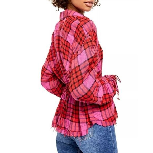 NWOT Free People Pacific Dawn Red & Pink Plaid Shirt With Waist Drawstring M - Picture 2 of 11